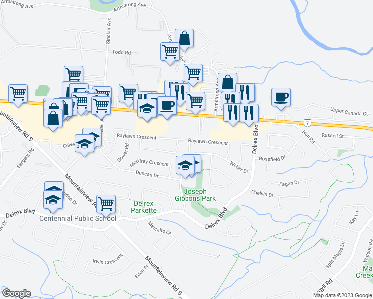 map of restaurants, bars, coffee shops, grocery stores, and more near 8 Sims Gate in Halton Hills