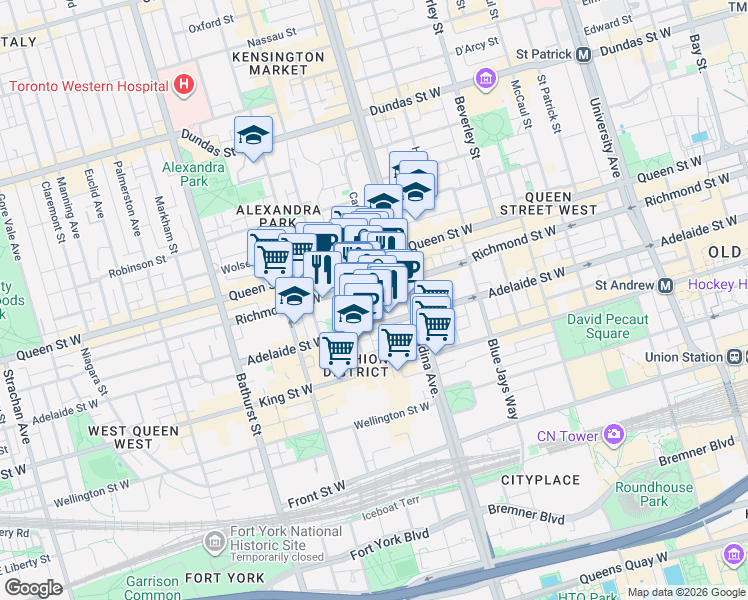 map of restaurants, bars, coffee shops, grocery stores, and more near 32 Camden Street in Toronto