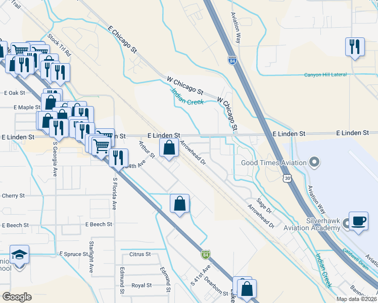 map of restaurants, bars, coffee shops, grocery stores, and more near 2614 Arrowhead Drive in Caldwell
