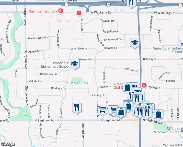 map of restaurants, bars, coffee shops, grocery stores, and more near 5403 Campau Drive in Midland