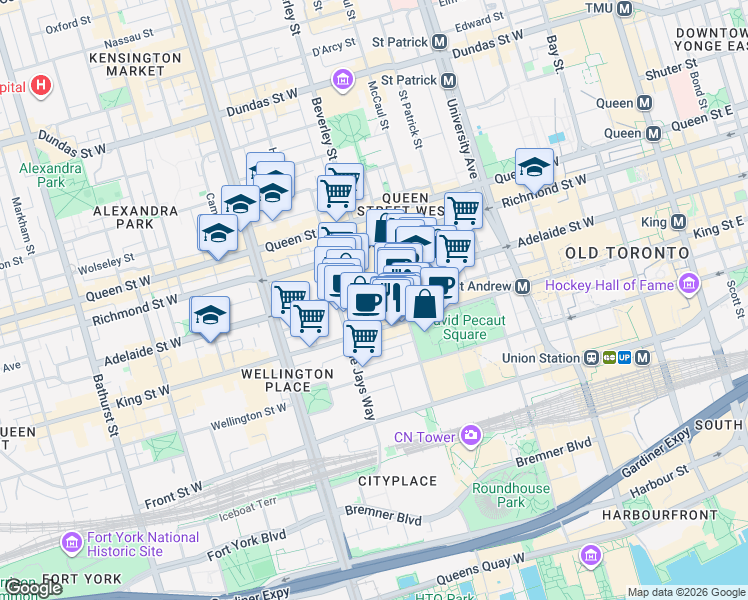 map of restaurants, bars, coffee shops, grocery stores, and more near 21 Widmer Street in Toronto