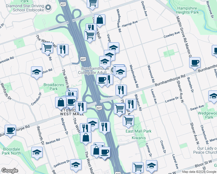map of restaurants, bars, coffee shops, grocery stores, and more near 10 Four Seasons Place in Toronto