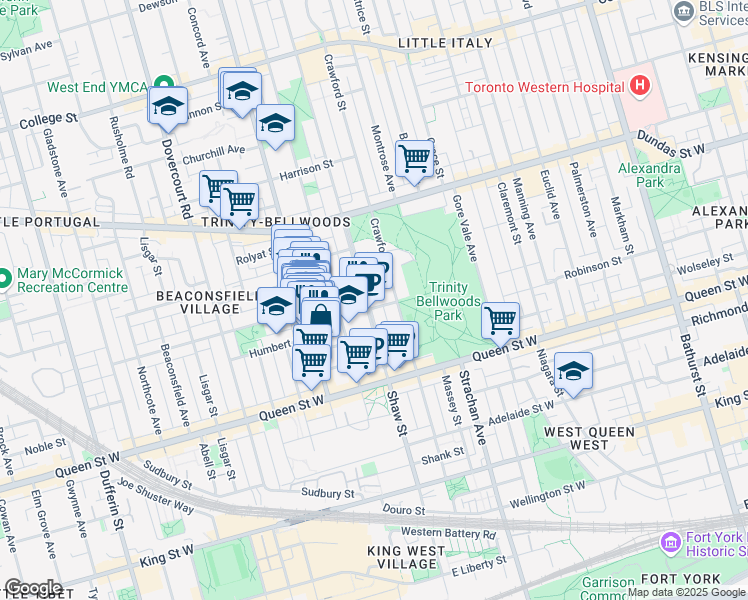 map of restaurants, bars, coffee shops, grocery stores, and more near 191 Shaw Street in Toronto