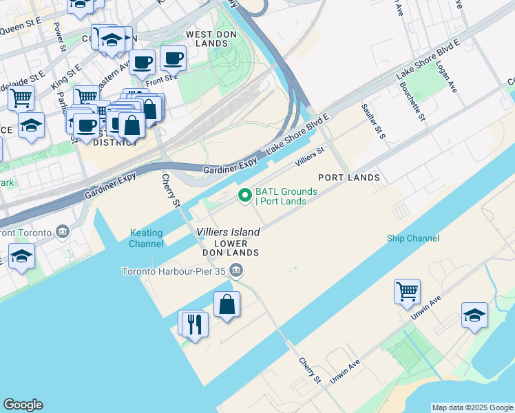map of restaurants, bars, coffee shops, grocery stores, and more near 1 Munition Street in Toronto