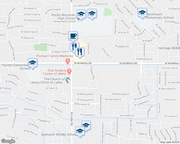 map of restaurants, bars, coffee shops, grocery stores, and more near 4653 North Zachary Way in Meridian