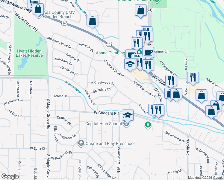 map of restaurants, bars, coffee shops, grocery stores, and more near 4656 Berkshire Drive in Boise