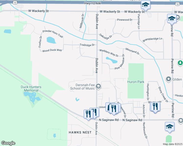 map of restaurants, bars, coffee shops, grocery stores, and more near 5501 Greenridge Drive in Midland