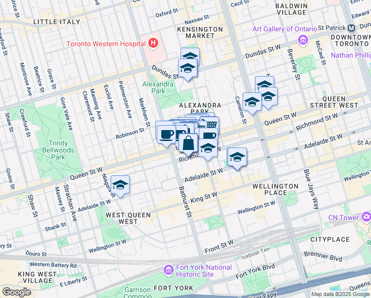 map of restaurants, bars, coffee shops, grocery stores, and more near in Toronto