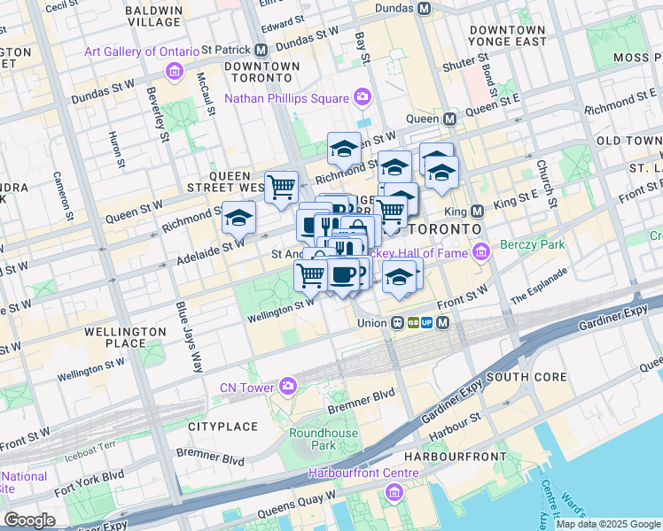 map of restaurants, bars, coffee shops, grocery stores, and more near in Toronto