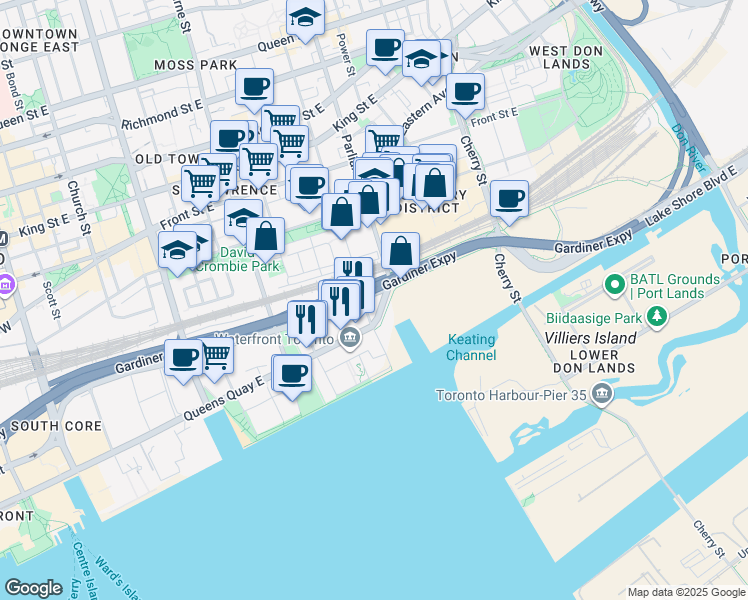map of restaurants, bars, coffee shops, grocery stores, and more near in Toronto
