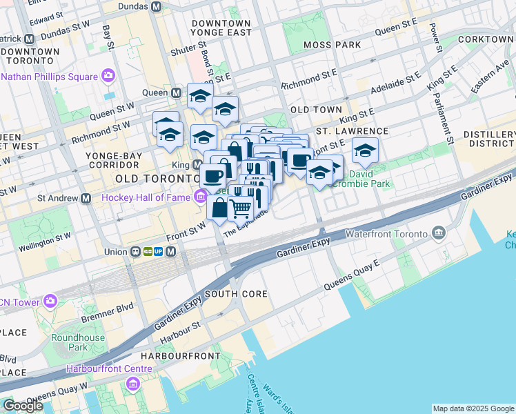 map of restaurants, bars, coffee shops, grocery stores, and more near 56 The Esplanade in Toronto