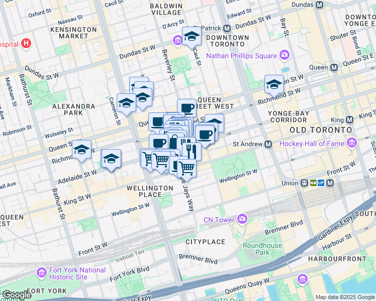 map of restaurants, bars, coffee shops, grocery stores, and more near in Toronto