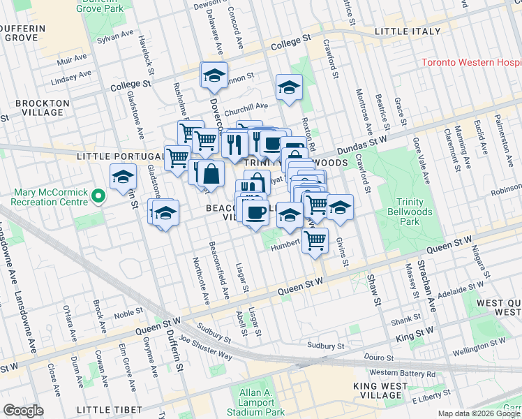 map of restaurants, bars, coffee shops, grocery stores, and more near 60 Foxley Street in Toronto