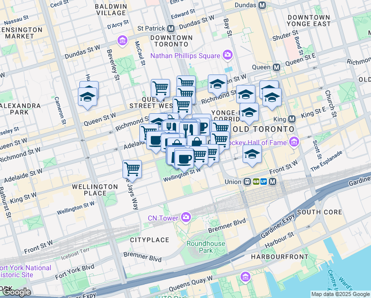 map of restaurants, bars, coffee shops, grocery stores, and more near 222 King Street West in Toronto