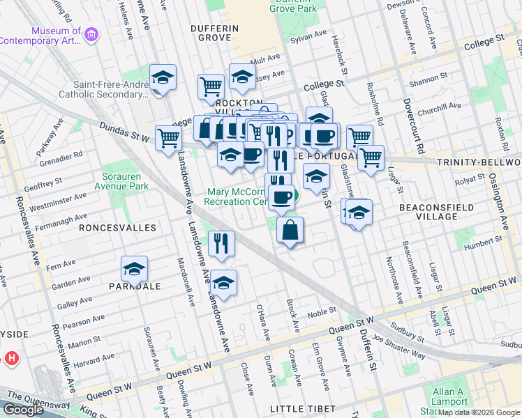 map of restaurants, bars, coffee shops, grocery stores, and more near 184 Brock Avenue in Toronto