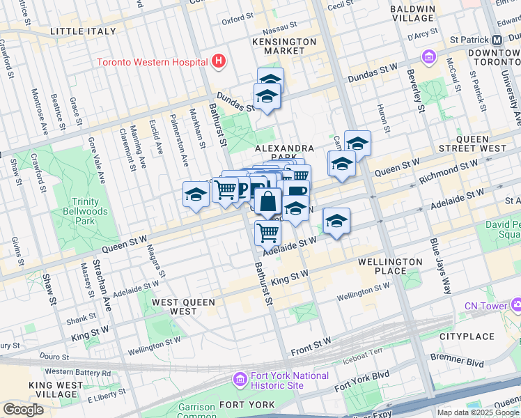 map of restaurants, bars, coffee shops, grocery stores, and more near 625 Queen Street West in Toronto