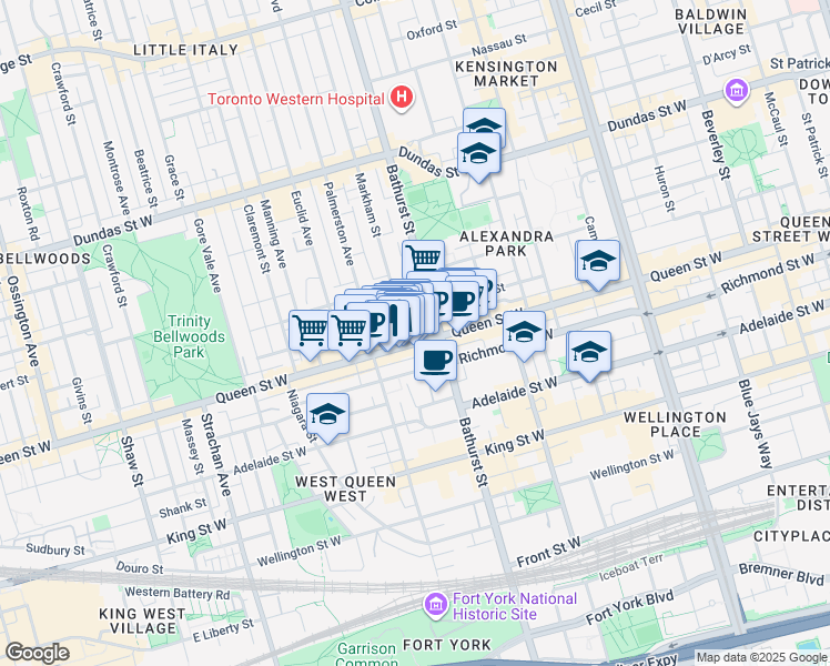map of restaurants, bars, coffee shops, grocery stores, and more near 6 Markham Street in Toronto