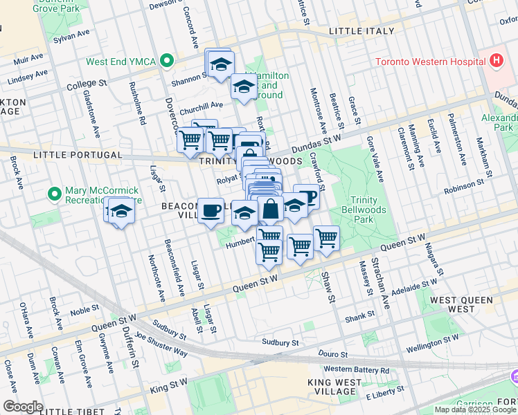 map of restaurants, bars, coffee shops, grocery stores, and more near in Toronto