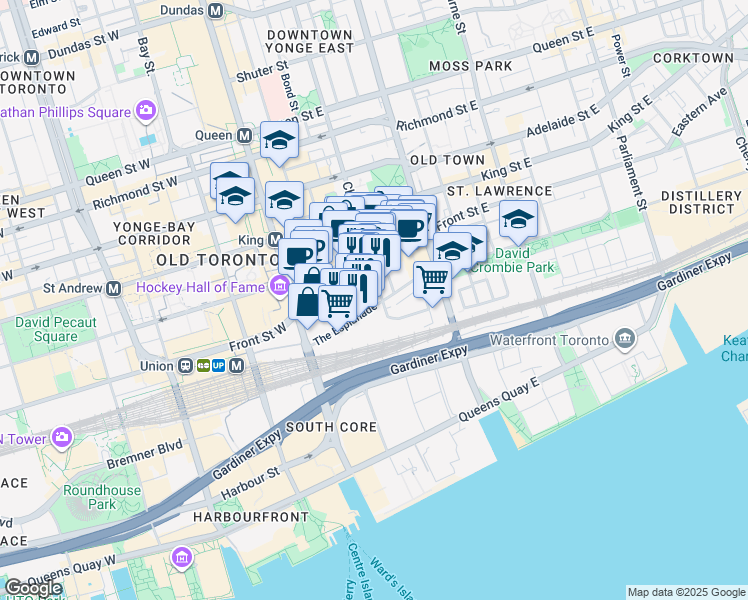 map of restaurants, bars, coffee shops, grocery stores, and more near 56 The Esplanade in Toronto
