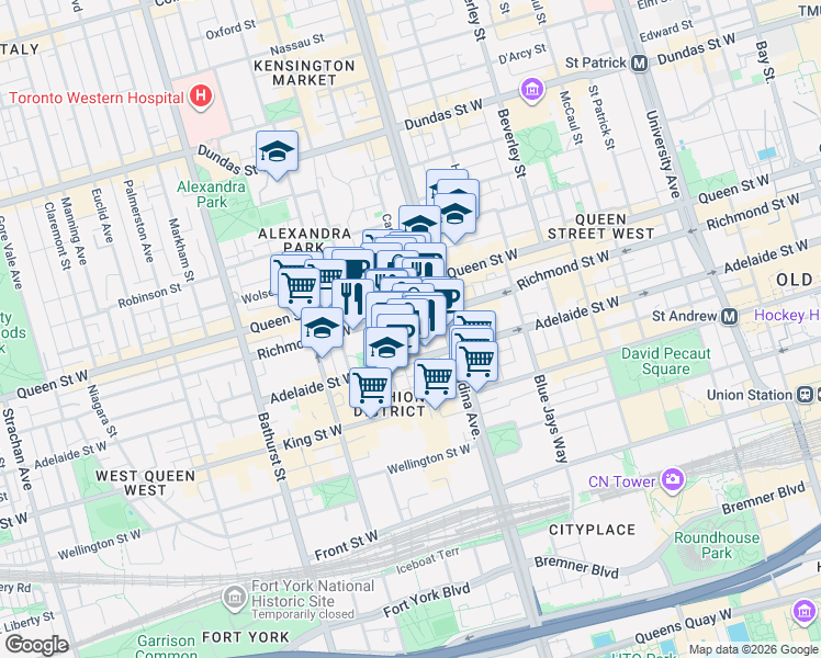 map of restaurants, bars, coffee shops, grocery stores, and more near 32 Camden Street in Toronto