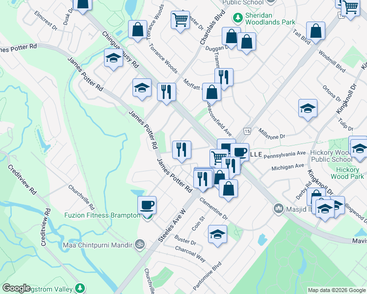 map of restaurants, bars, coffee shops, grocery stores, and more near 23 Pefferlaw Circle in Brampton