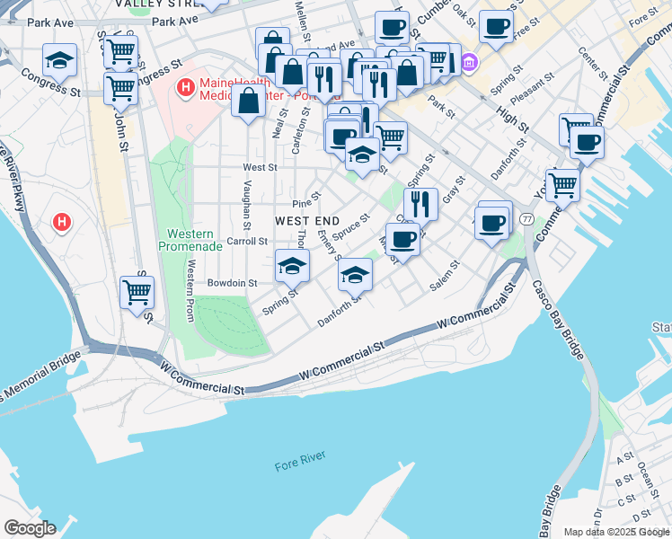 map of restaurants, bars, coffee shops, grocery stores, and more near 23 Storer Street in Portland