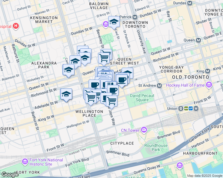 map of restaurants, bars, coffee shops, grocery stores, and more near in Toronto