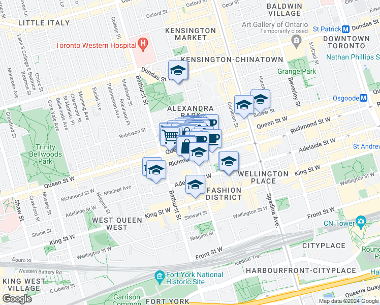 map of restaurants, bars, coffee shops, grocery stores, and more near in Toronto