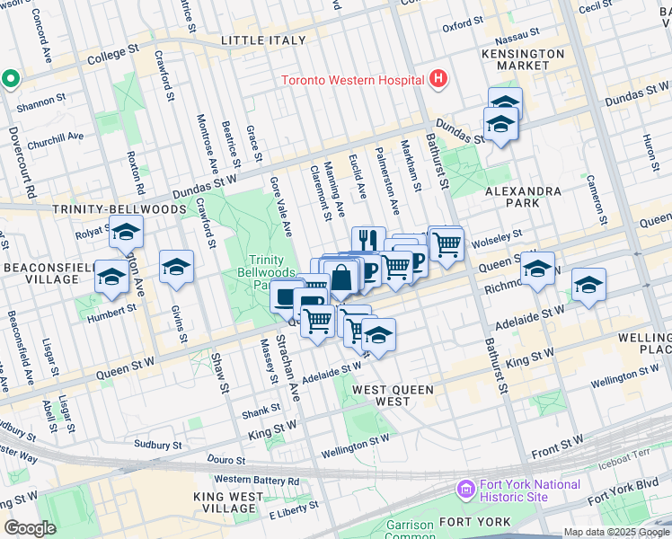 map of restaurants, bars, coffee shops, grocery stores, and more near 730 Queen Street West in Toronto
