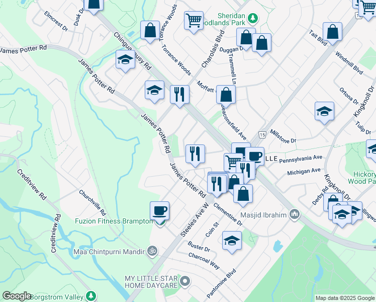 map of restaurants, bars, coffee shops, grocery stores, and more near in Brampton
