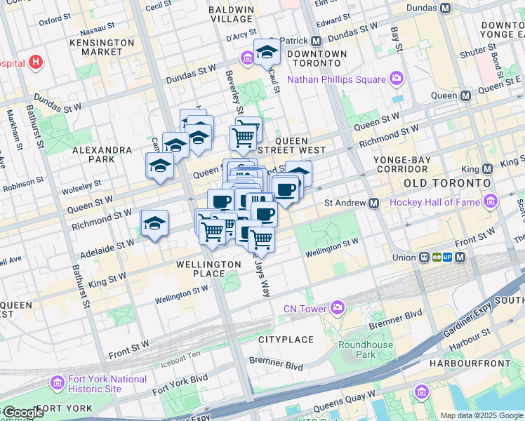 map of restaurants, bars, coffee shops, grocery stores, and more near 28 Widmer Street in Toronto