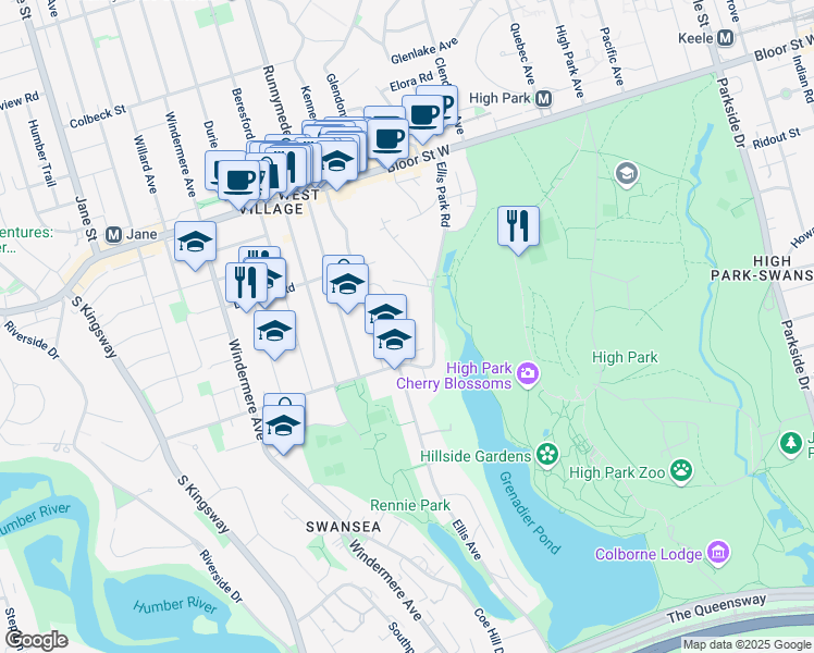 map of restaurants, bars, coffee shops, grocery stores, and more near 27 Palisades in Toronto