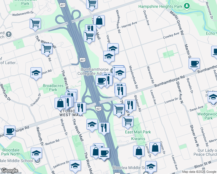 map of restaurants, bars, coffee shops, grocery stores, and more near in Toronto