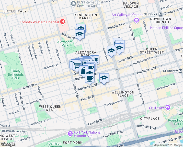map of restaurants, bars, coffee shops, grocery stores, and more near 544 Richmond Street West in Toronto