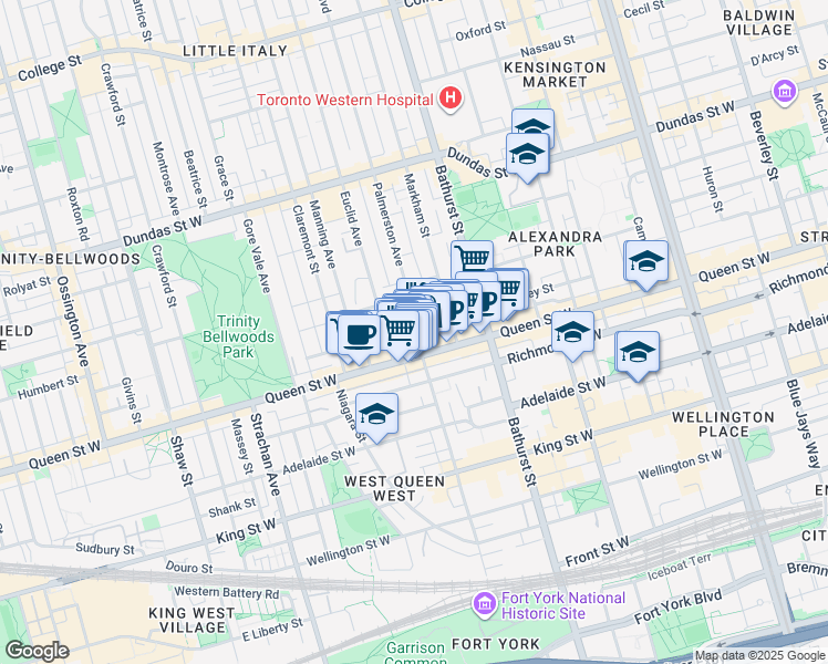 map of restaurants, bars, coffee shops, grocery stores, and more near 10 Palmerston Avenue in Toronto