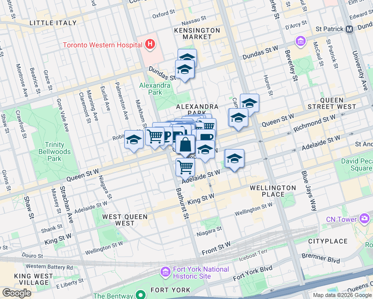 map of restaurants, bars, coffee shops, grocery stores, and more near 609 Queen Street West in Toronto