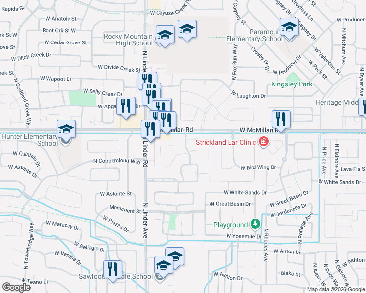 map of restaurants, bars, coffee shops, grocery stores, and more near 4659 North Zachary Way in Meridian