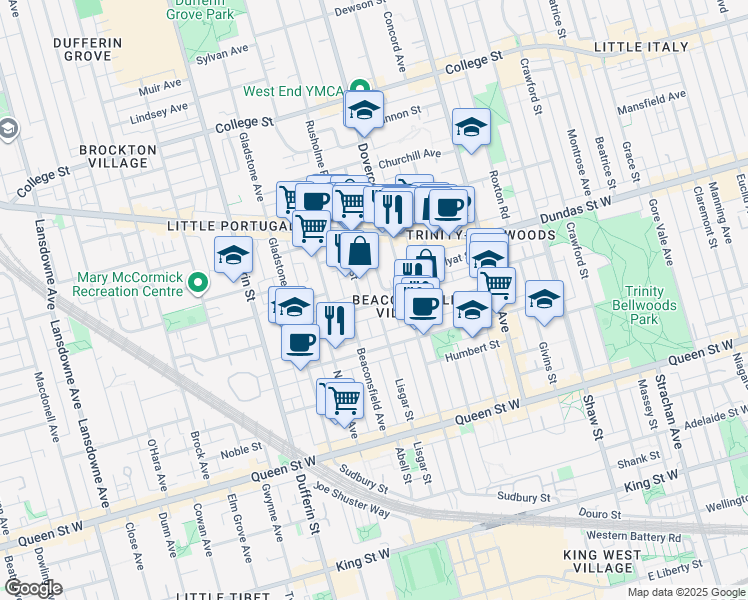 map of restaurants, bars, coffee shops, grocery stores, and more near 2 Afton Avenue in Toronto