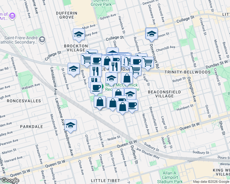 map of restaurants, bars, coffee shops, grocery stores, and more near 548 Dufferin Street in Toronto
