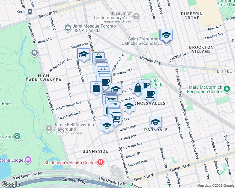map of restaurants, bars, coffee shops, grocery stores, and more near 93 Westminster Avenue in Toronto