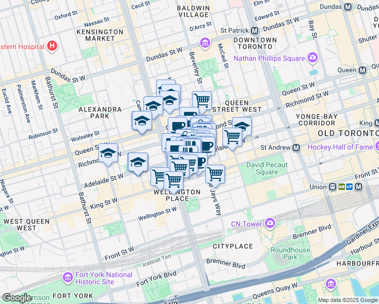 map of restaurants, bars, coffee shops, grocery stores, and more near in Toronto