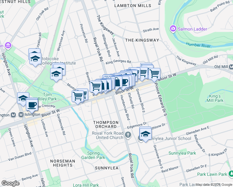 map of restaurants, bars, coffee shops, grocery stores, and more near 3005 Bloor Street West in Toronto