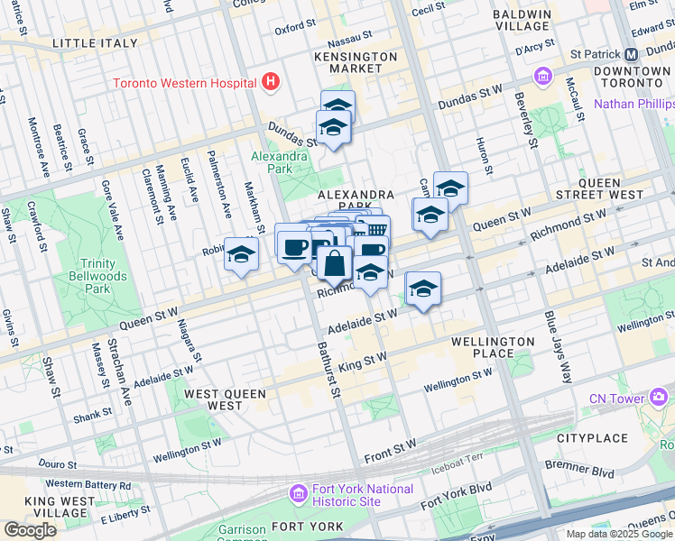 map of restaurants, bars, coffee shops, grocery stores, and more near 607 Queen Street West in Toronto