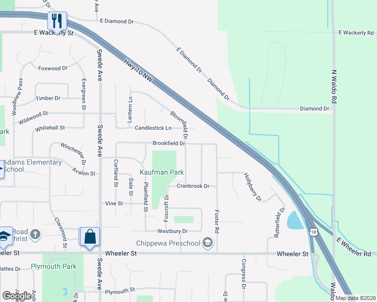 map of restaurants, bars, coffee shops, grocery stores, and more near 5420 Bloomfield Drive in Midland
