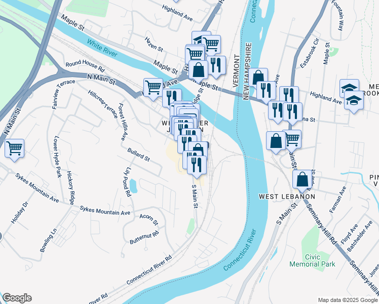 map of restaurants, bars, coffee shops, grocery stores, and more near 89 South Main Street in Hartford