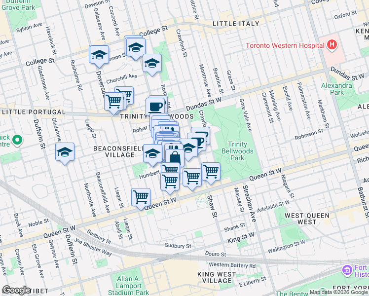 map of restaurants, bars, coffee shops, grocery stores, and more near 28 Argyle Street in Toronto