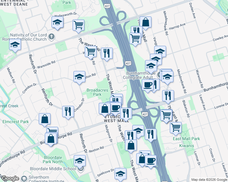 map of restaurants, bars, coffee shops, grocery stores, and more near in Toronto