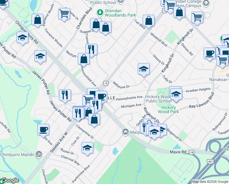 map of restaurants, bars, coffee shops, grocery stores, and more near 14 Santa Anita Court in Brampton