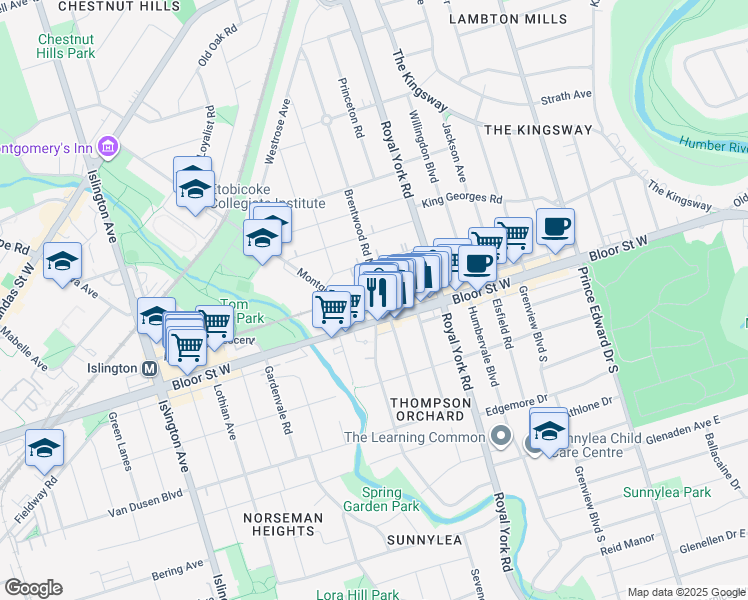 map of restaurants, bars, coffee shops, grocery stores, and more near 36 Brentwood Road North in Toronto