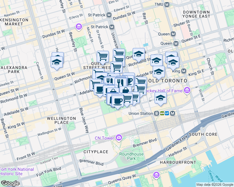 map of restaurants, bars, coffee shops, grocery stores, and more near 224 King Street West in Toronto